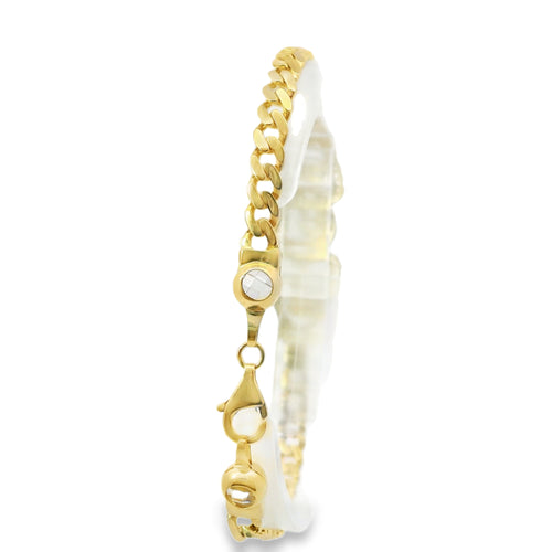 14KT Gold Bracelet Women's Lucky Plaque with Evil Eye, Owl, Horseshoe, Lucky 7, Four Leaf Clover, and Elephant with White CZ Stones Borders and White CZ Stone End Cuban Link Lobster Clasp Band