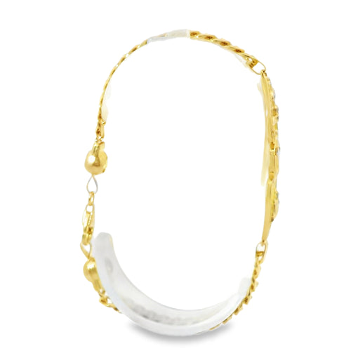 14KT Gold Bracelet Women's Lucky Plaque with Evil Eye, Owl, Horseshoe, Lucky 7, Four Leaf Clover, and Elephant with White CZ Stones Borders and White CZ Stone End Cuban Link Lobster Clasp Band