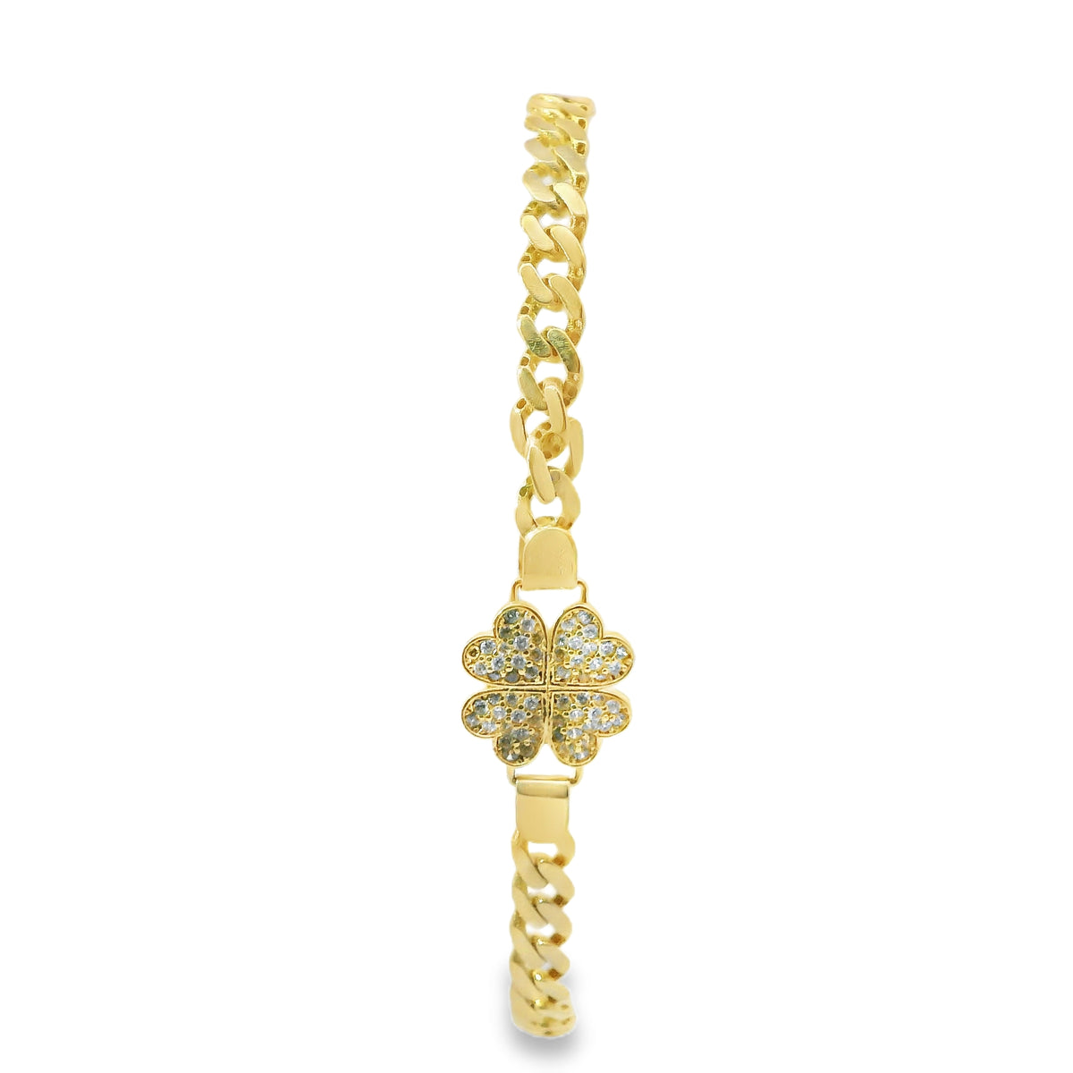 14KT Gold Bracelet Women's White CZ Stones Heart Four Leaf Clover with Plain Borders and White CZ Stone End Cuban Link Lobster Clasp Band