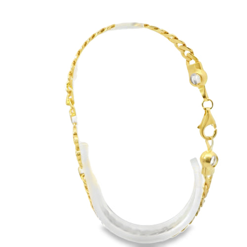 14KT Gold Bracelet Women's White CZ Stones Heart Four Leaf Clover with Plain Borders and White CZ Stone End Cuban Link Lobster Clasp Band