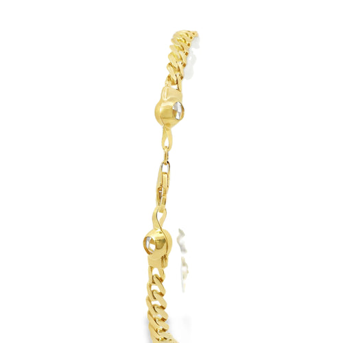 14KT Gold Bracelet Women's White CZ Stones Heart Four Leaf Clover with Plain Borders and White CZ Stone End Cuban Link Lobster Clasp Band