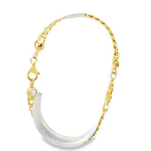 14KT Gold Bracelet Women's White CZ Stones Heart Four Leaf Clover with Plain Borders and White CZ Stone End Cuban Link Lobster Clasp Band