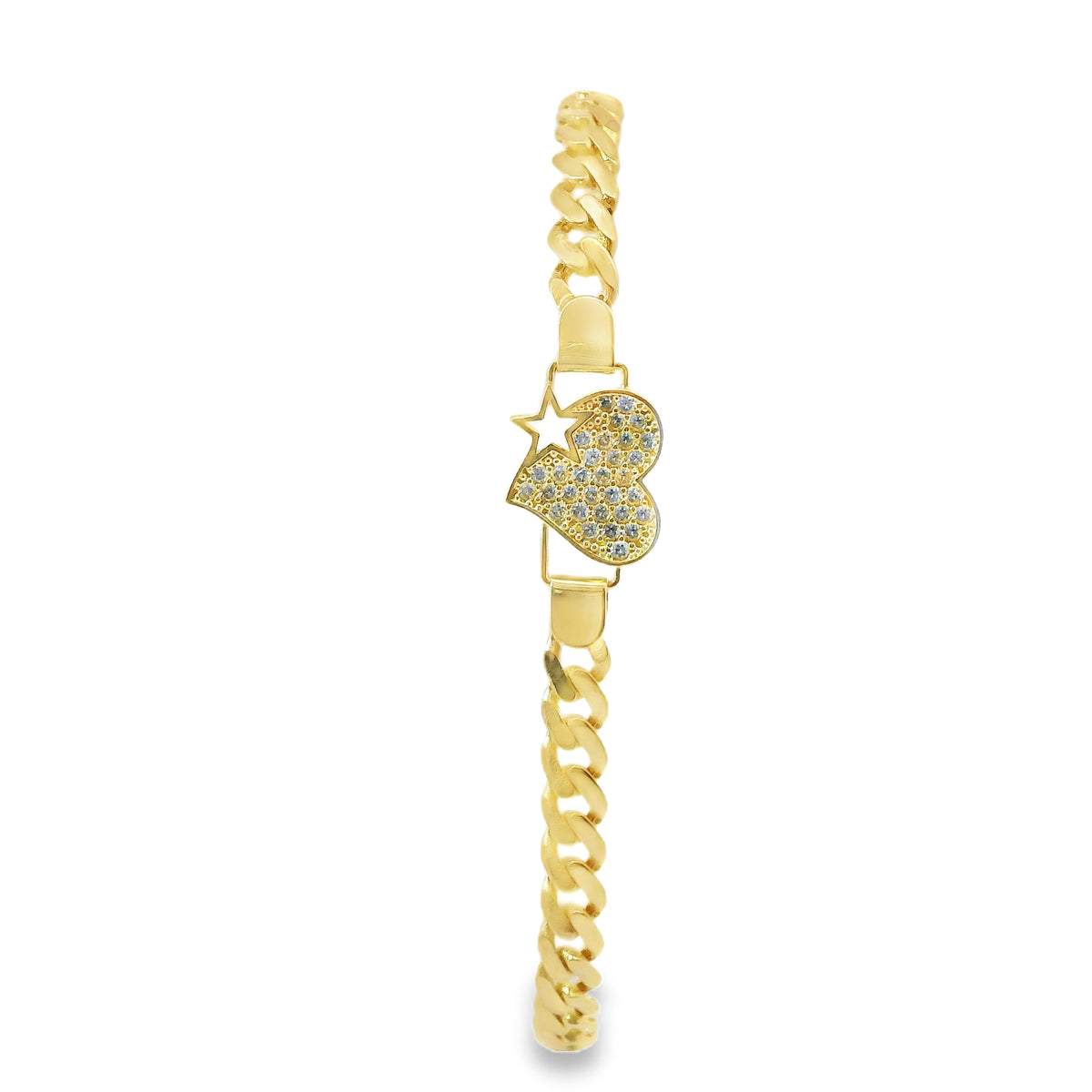 14KT Gold Bracelet Women's Single Charm White CZ Stones Heart with Star Cutout and White CZ Stone End Cuban Link Lobster Clasp Band