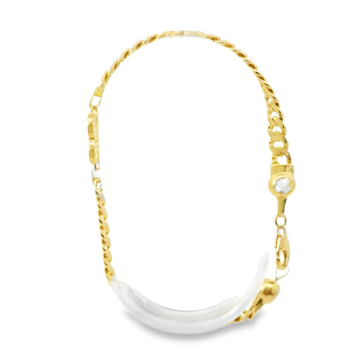14KT Gold Bracelet Women's Single Charm White CZ Stones Heart with Star Cutout and White CZ Stone End Cuban Link Lobster Clasp Band
