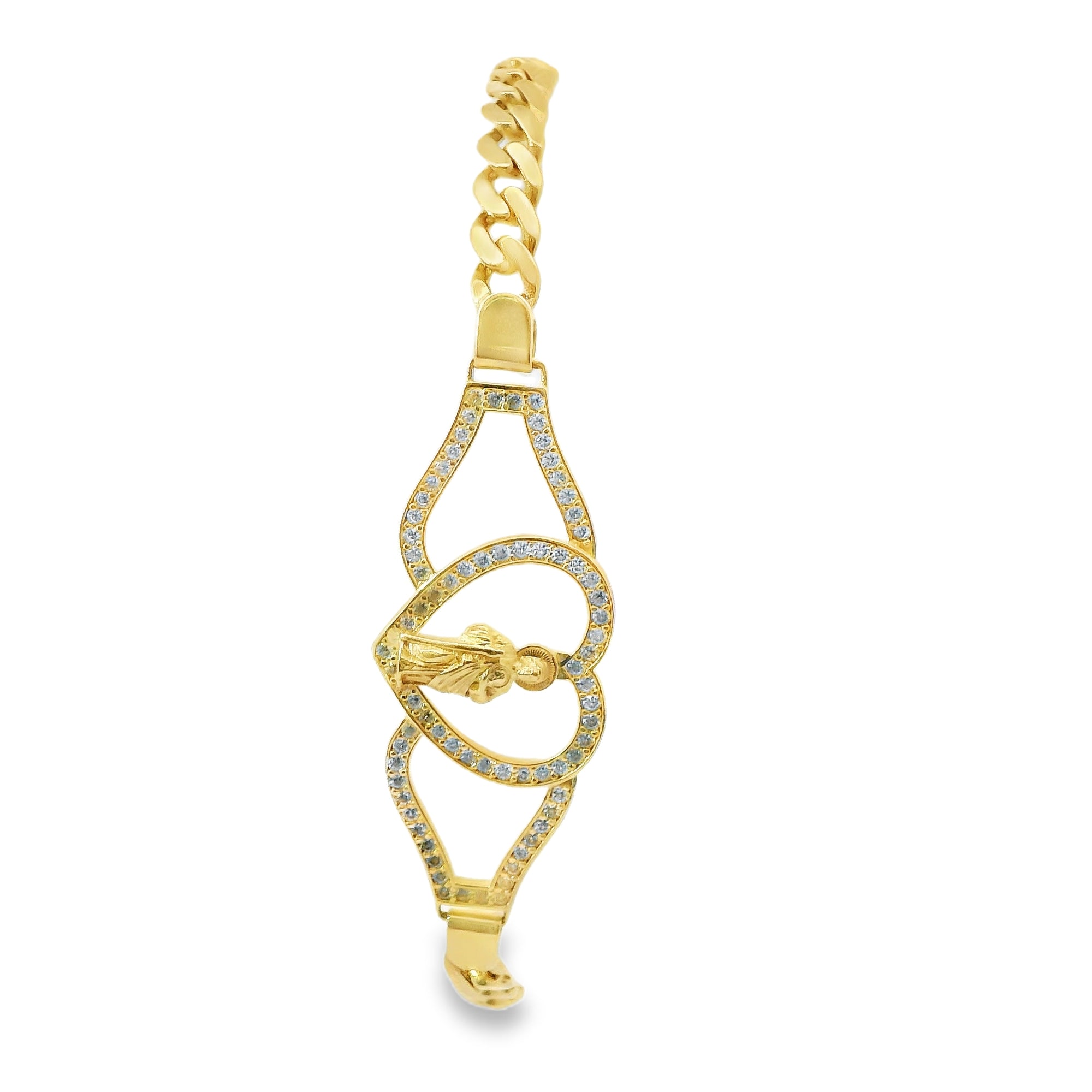 14KT Gold Bracelet Women's Open Heart St. Jude Plaque with White CZ Stones Borders and White CZ Stone End Cuban Link Lobster Clasp Band