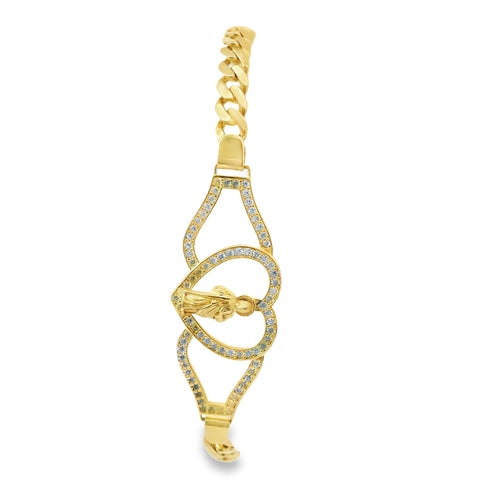 14KT Gold Bracelet Women's Open Heart St. Jude Plaque with White CZ Stones Borders and White CZ Stone End Cuban Link Lobster Clasp Band