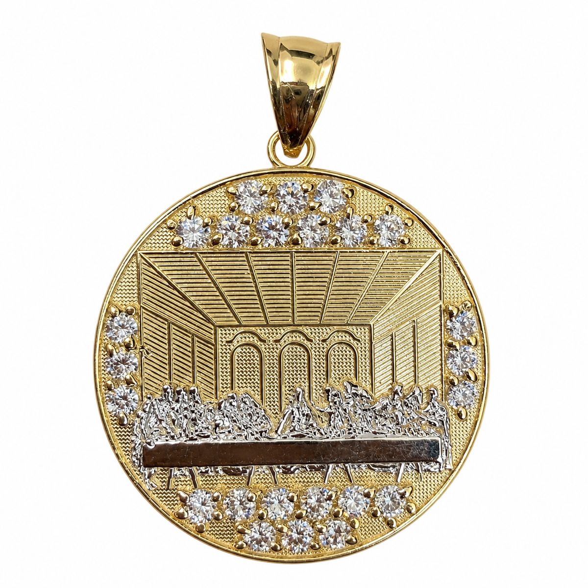 14KT Gold Charm Extra Large Round Two Tone Last Supper with White CZ Stones Floor, Plain Border, and Bell