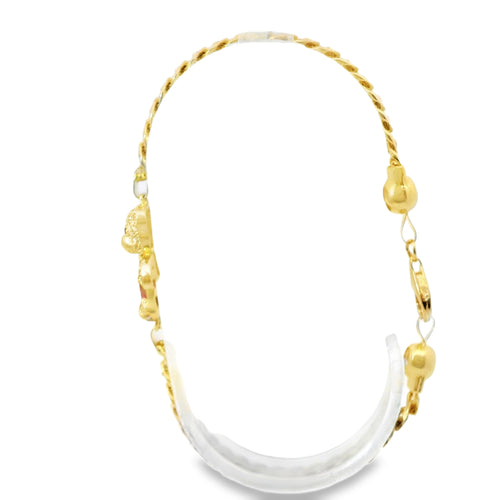 14KT Gold Bracelet Women's White CZ Stones Teddy Bear with Black CZ Stones Eyes, Dark Pink Baguette Stones Dress and White CZ Stone End Cuban Link Lobster Clasp Band