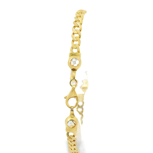 14KT Gold Bracelet Women's White CZ Stones Teddy Bear with Black CZ Stones Eyes, Dark Pink Baguette Stones Dress and White CZ Stone End Cuban Link Lobster Clasp Band