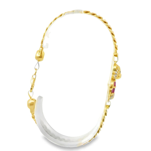 14KT Gold Bracelet Women's White CZ Stones Teddy Bear with Black CZ Stones Eyes, Dark Pink Baguette Stones Dress and White CZ Stone End Cuban Link Lobster Clasp Band