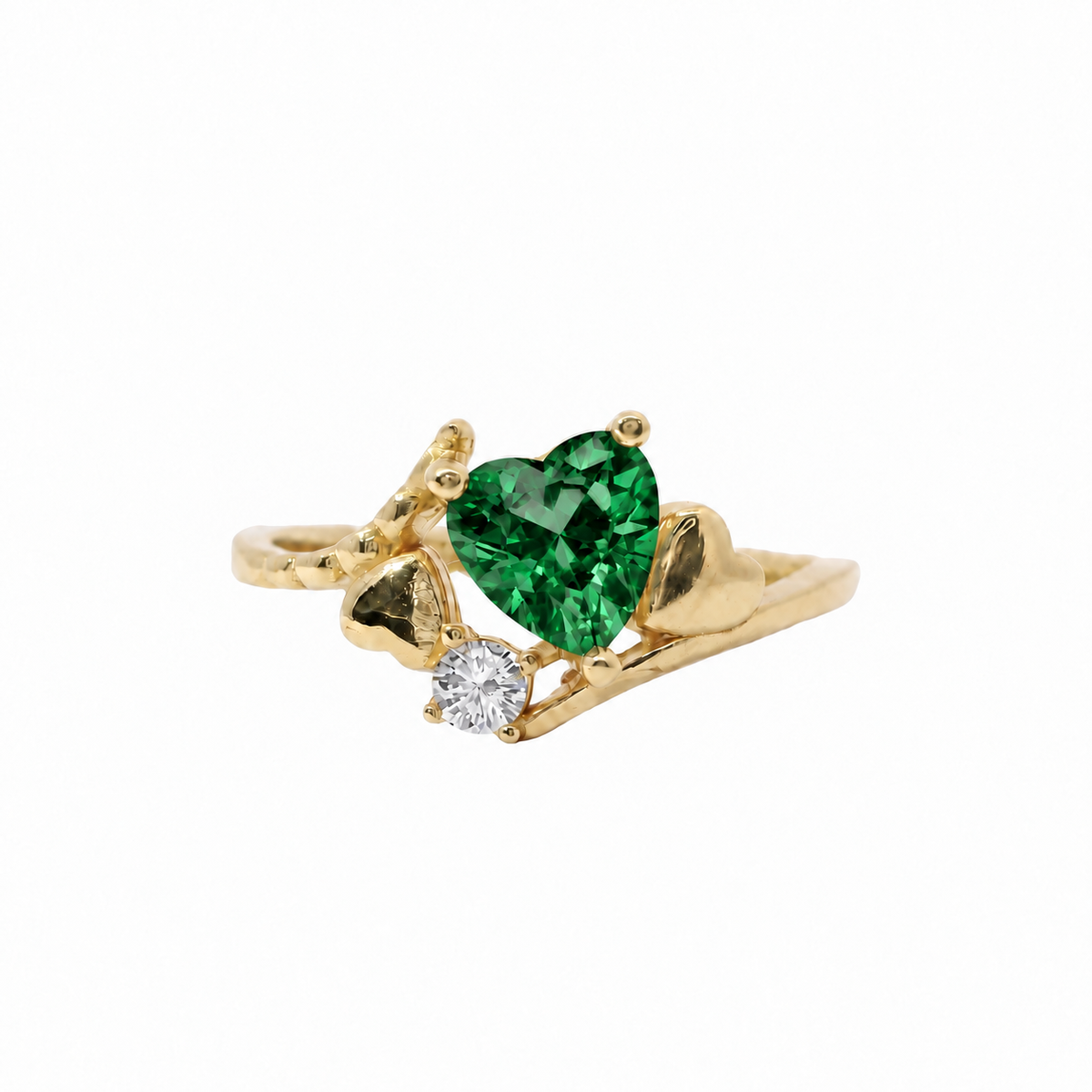 14KT Gold Ring Women's Dark Green Heart Shape Center CZ Stone Left White Round CZ Stone with Two Plain Hearts and Plain Bypass Band Upper - Rope Lower Band Plain