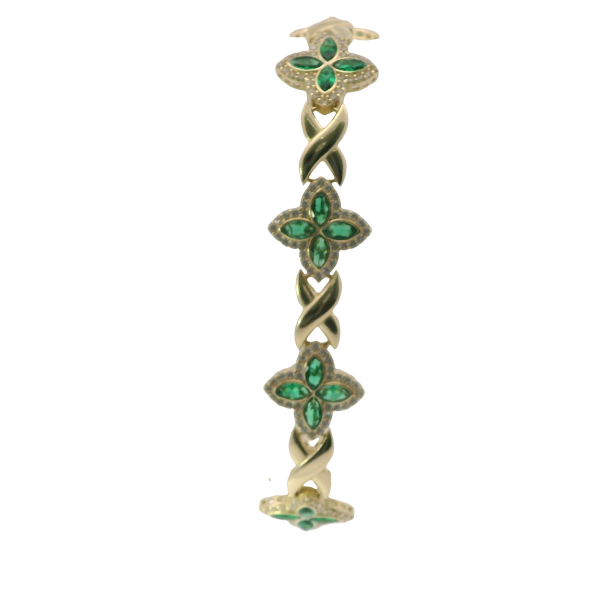 14KT Gold Bracelet Women's Tennis Green CZ Stones Marquise Clover Flower Charms with White CZ Stones Border and Cuban Link White CZ Stones Crowned Diamond Shape Emblem Box Clasp Band
