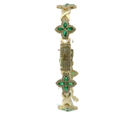 14KT Gold Bracelet Women's Tennis Green CZ Stones Marquise Clover Flower Charms with White CZ Stones Border and Cuban Link White CZ Stones Crowned Diamond Shape Emblem Box Clasp Band