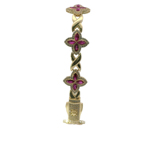 14KT Gold Bracelet Women's Tennis Dark Pink CZ Stones Marquise Clover Flower Charms with White CZ Stones Border and Cuban Link White CZ Stones Crowned Diamond Shape Emblem Box Clasp Band