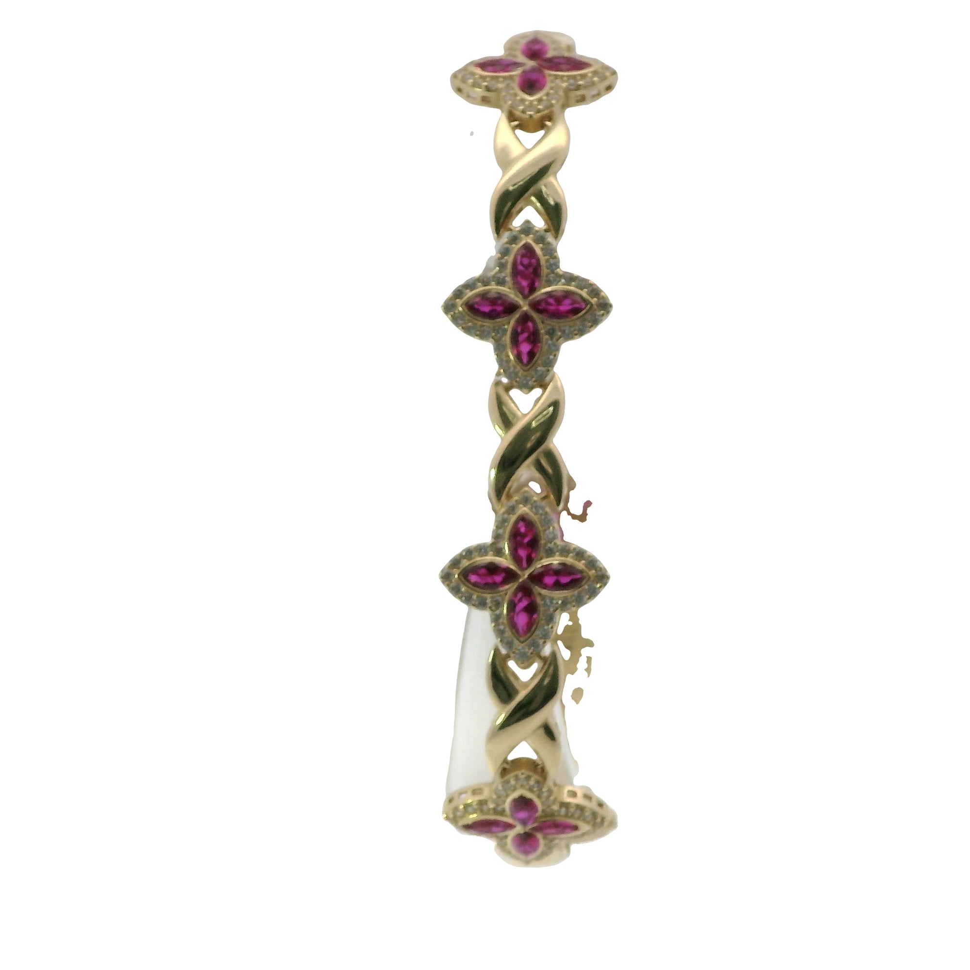 14KT Gold Bracelet Women's Tennis Dark Pink CZ Stones Marquise Clover Flower Charms with White CZ Stones Border and Cuban Link White CZ Stones Crowned Diamond Shape Emblem Box Clasp Band