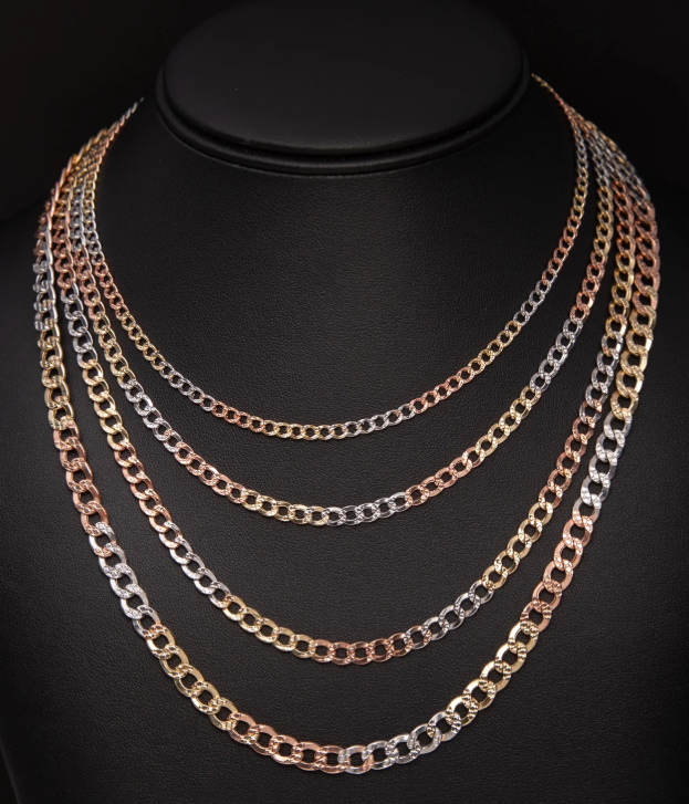 14KT Gold Chain Solid Diamond Cut Tri Tone Curb 2mm