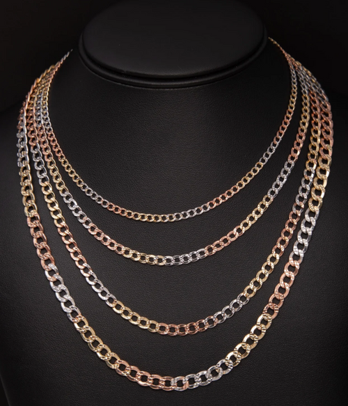 14KT Gold Chain Solid Diamond Cut Tri Tone Curb 9mm