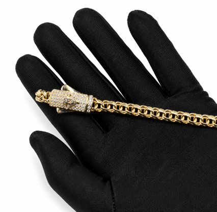 14KT Gold Bracelet Hollow Crown Chino with White CZ Stones and Plain Diamond Shape Emblem on Designer Style Lock 10mm