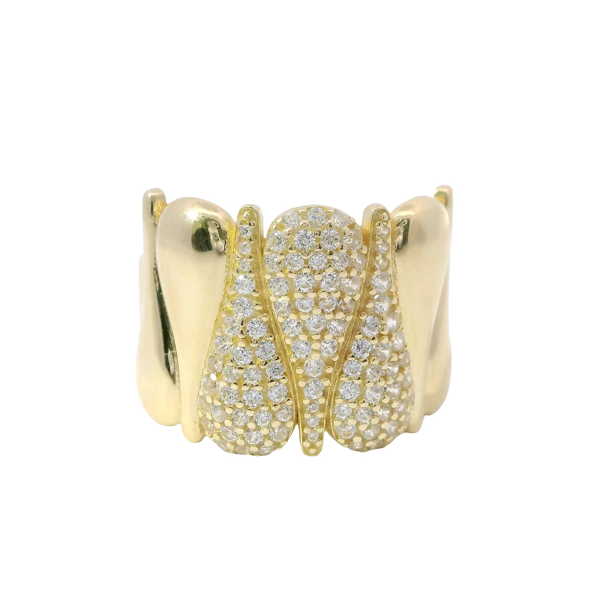 14KT Gold Ring Women's Three White CZ Stones Droplets Center and Four Plain Droplets with Plain Band