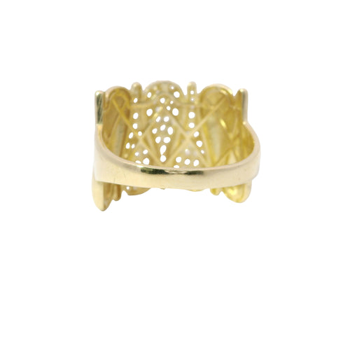 14KT Gold Ring Women's Three White CZ Stones Droplets Center and Four Plain Droplets with Plain Band