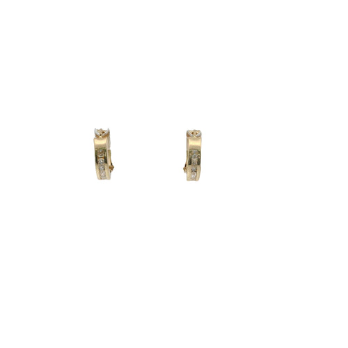 14KT Gold Earring Extra Small White CZ Stones Single Row Hoops with Two Tone Diagonal Stripe Diamond Cut Back Huggie