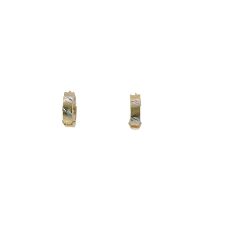 14KT Gold Earring Extra Small White CZ Stones Single Row Hoops with Two Tone Diagonal Stripe Diamond Cut Back Huggie