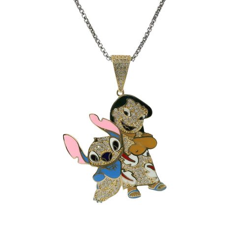 14KT Gold Charm Large Lilo and Stich Enamel with White CZ Stone Body and Bell
