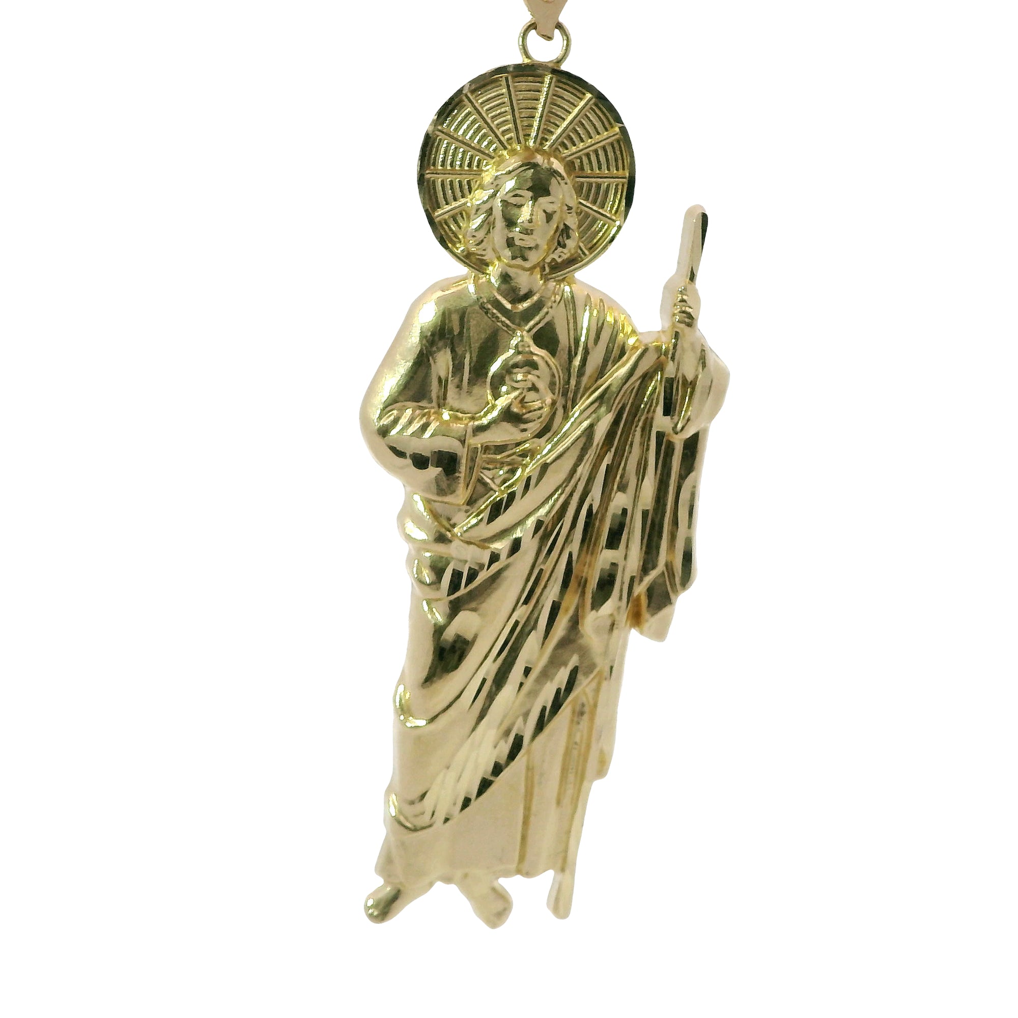 14KT Gold Charm Extra Large Halo Right Facing St Jude with Plain Bell testing ine