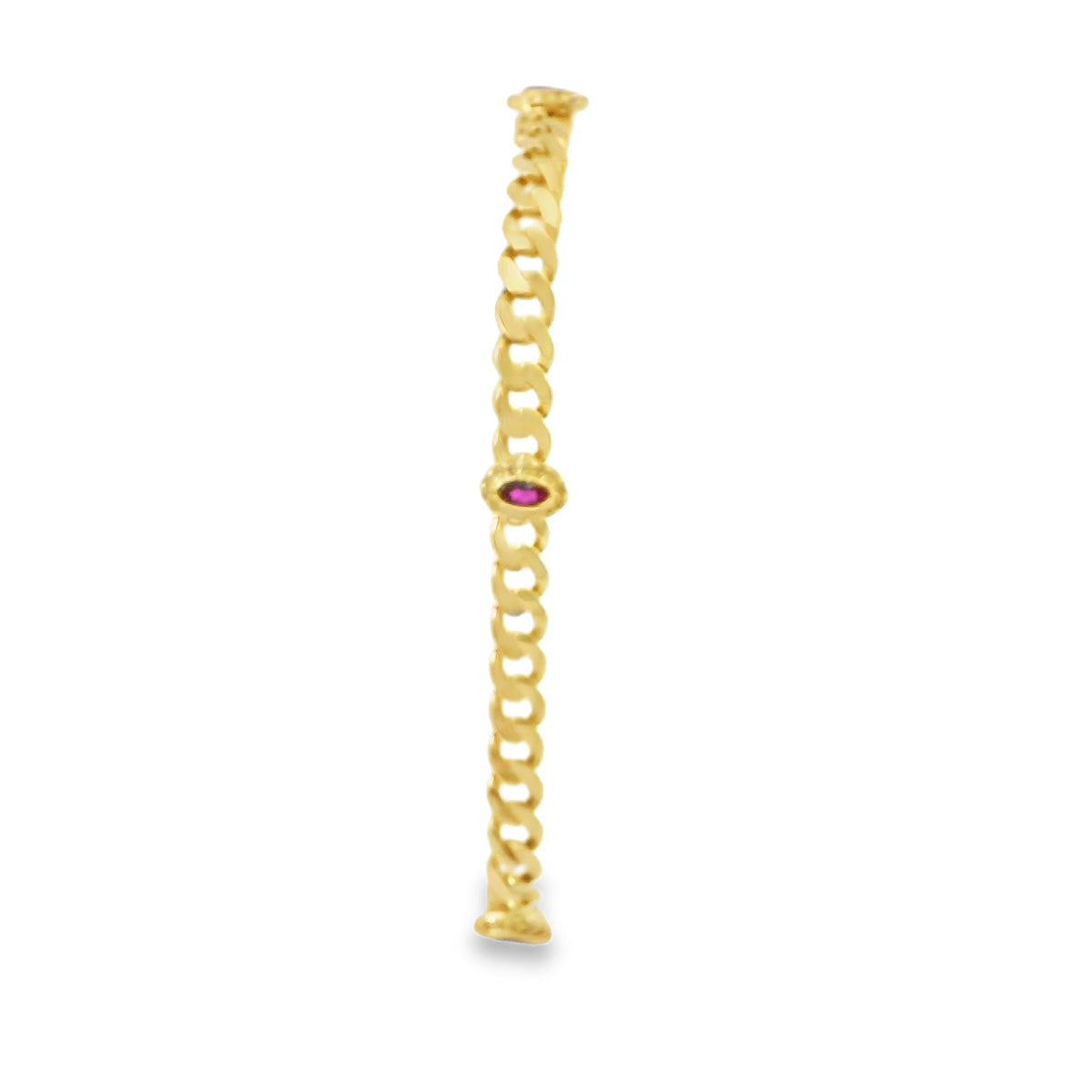 14KT Gold Bracelet Women's Three Charm Oval Dark Pink CZ Stones with White CZ Stones Border and White CZ Stone End Cuban Link Lobster Clasp Band