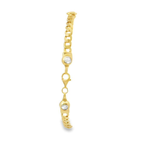 14KT Gold Bracelet Women's Three Charm Oval Dark Pink CZ Stones with White CZ Stones Border and White CZ Stone End Cuban Link Lobster Clasp Band