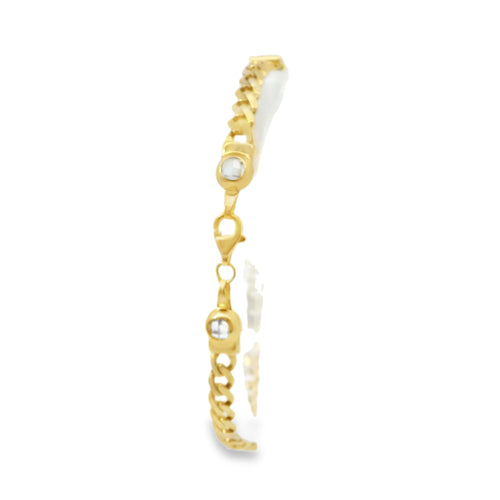 14KT Gold Bracelet Women's Three Charm Square Dark Pink CZ Stones with White CZ Stones Border and White CZ Stone End Cuban Link Lobster Clasp Band
