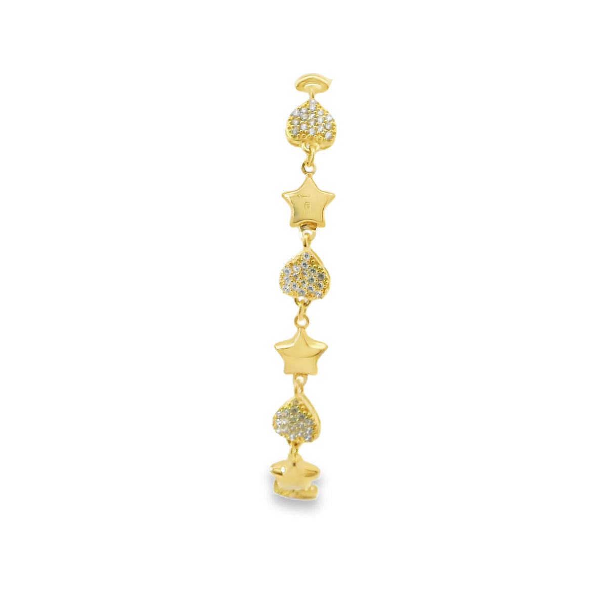 14KT Gold Bracelet Women's Alternating White CZ Stones Hearts and Plain Puff Stars and White CZ Stone End Cuban Link Lobster Clasp Band
