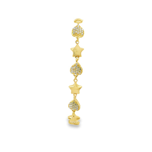 14KT Gold Bracelet Women's Alternating White CZ Stones Hearts and Plain Puff Stars and White CZ Stone End Cuban Link Lobster Clasp Band
