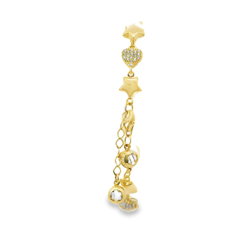 14KT Gold Bracelet Women's Alternating White CZ Stones Hearts and Plain Puff Stars and White CZ Stone End Cuban Link Lobster Clasp Band