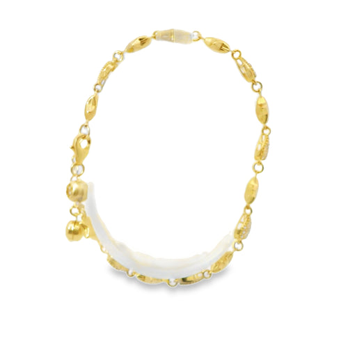 14KT Gold Bracelet Women's Alternating White CZ Stones Hearts and Plain Puff Stars and White CZ Stone End Cuban Link Lobster Clasp Band