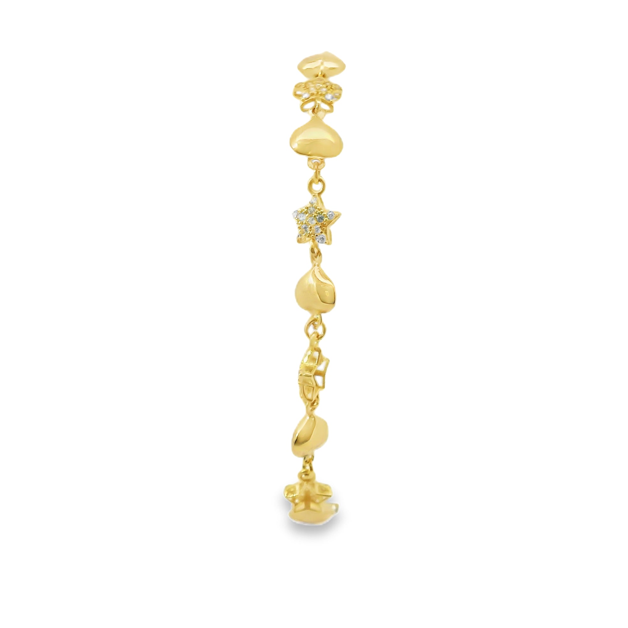 14KT Gold Bracelet Women's Alternating White CZ Stones Stars and Plain Puff Hearts and White CZ Stone End Cuban Link Lobster Clasp Band