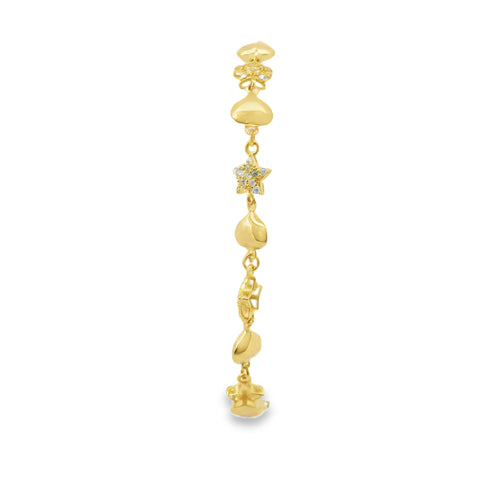 14KT Gold Bracelet Women's Alternating White CZ Stones Stars and Plain Puff Hearts and White CZ Stone End Cuban Link Lobster Clasp Band