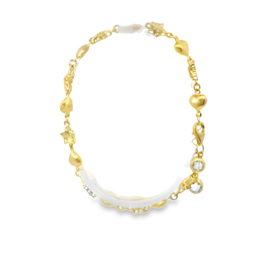 14KT Gold Bracelet Women's Alternating White CZ Stones Stars and Plain Puff Hearts and White CZ Stone End Cuban Link Lobster Clasp Band