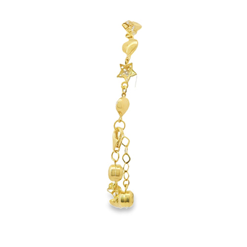 14KT Gold Bracelet Women's Alternating White CZ Stones Stars and Plain Puff Hearts and White CZ Stone End Cuban Link Lobster Clasp Band