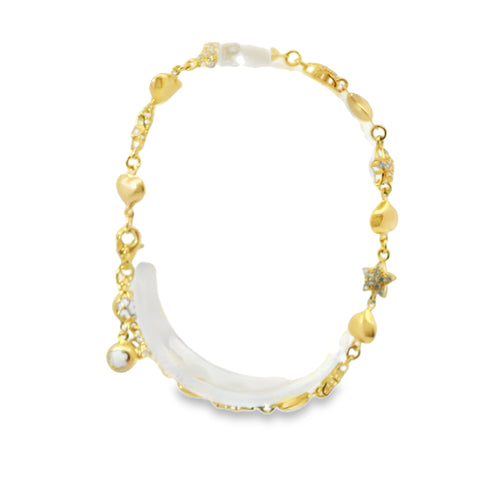 14KT Gold Bracelet Women's Alternating White CZ Stones Stars and Plain Puff Hearts and White CZ Stone End Cuban Link Lobster Clasp Band