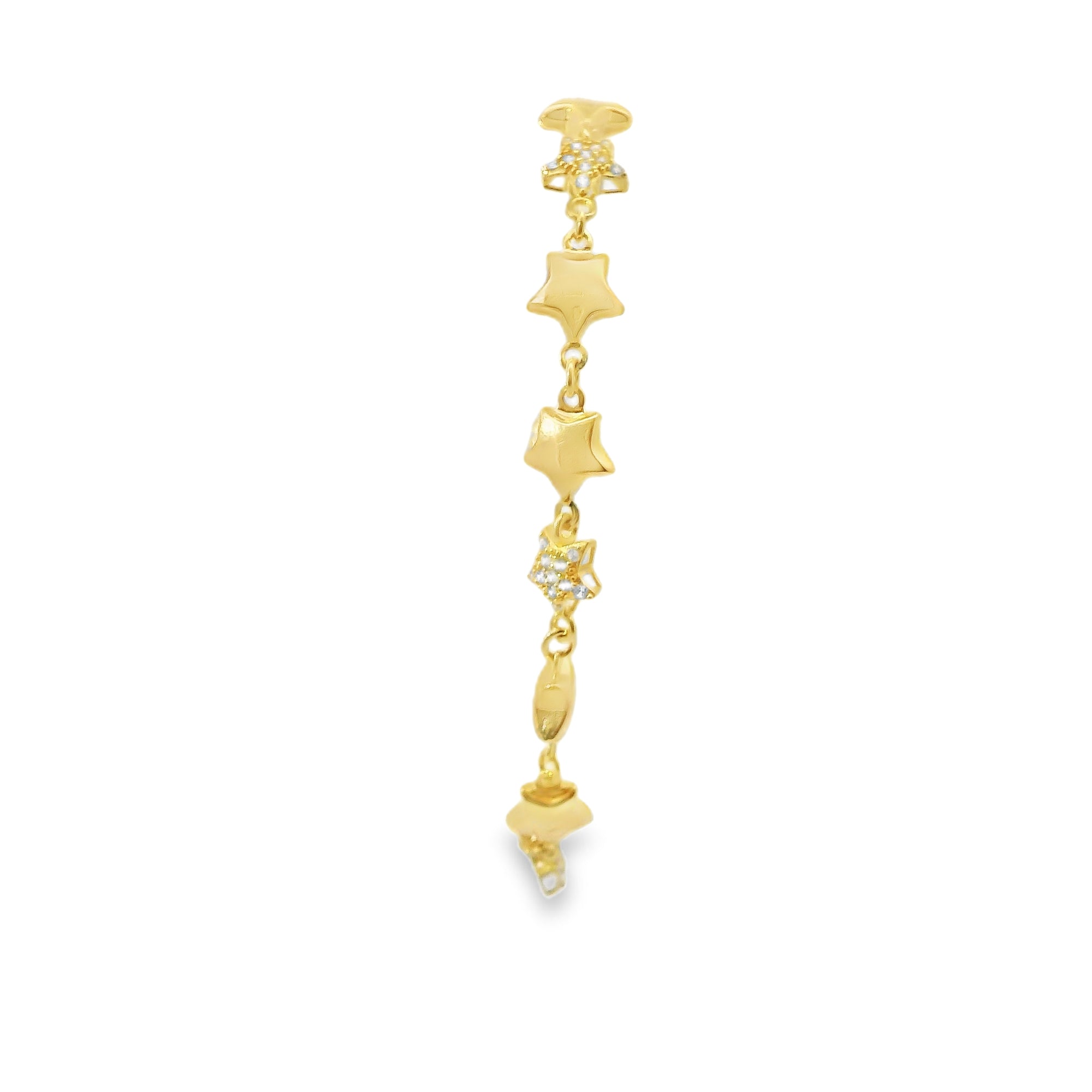 14KT Gold Bracelet Women's Alternating White CZ Stones Stars and Plain Puff Stars and White CZ Stone End Cuban Link Lobster Clasp Band