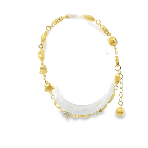 14KT Gold Bracelet Women's Alternating White CZ Stones Stars and Plain Puff Stars and White CZ Stone End Cuban Link Lobster Clasp Band