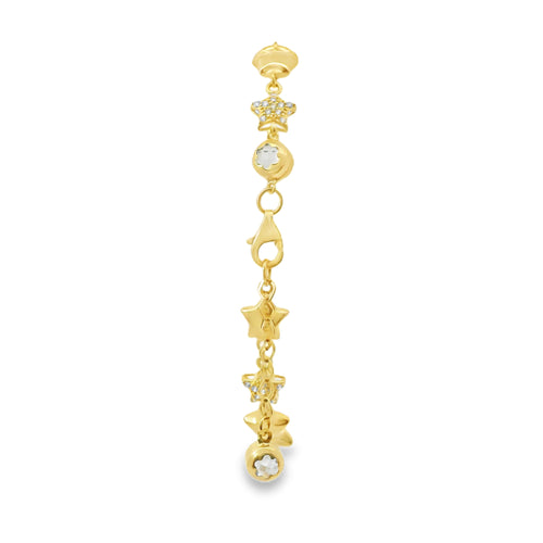 14KT Gold Bracelet Women's Alternating White CZ Stones Stars and Plain Puff Stars and White CZ Stone End Cuban Link Lobster Clasp Band