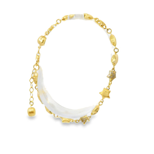 14KT Gold Bracelet Women's Alternating White CZ Stones Stars and Plain Puff Stars and White CZ Stone End Cuban Link Lobster Clasp Band