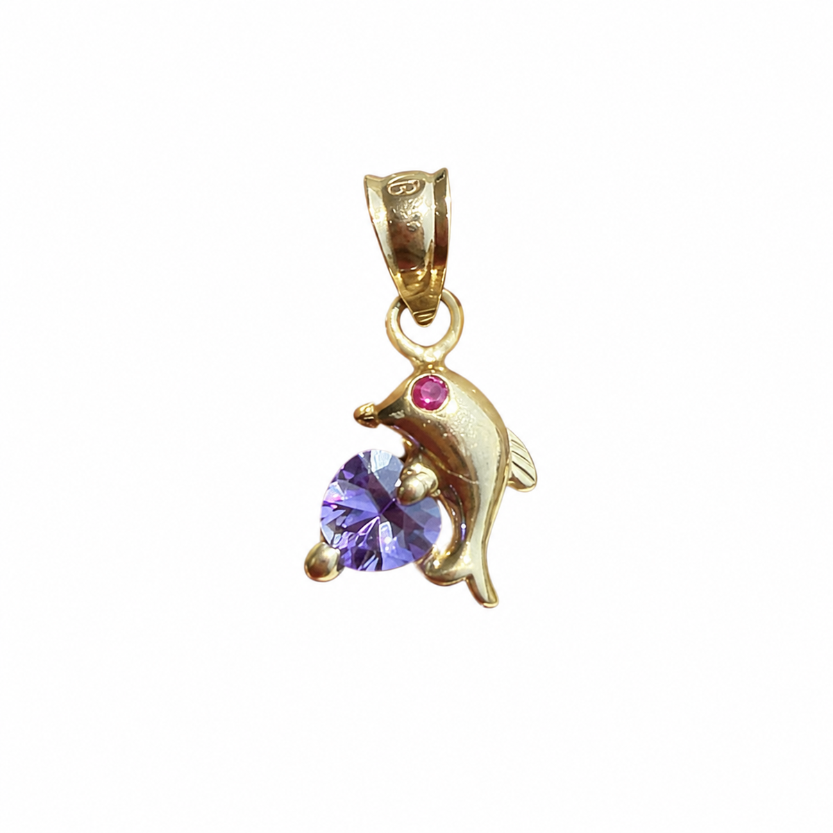 14KT Gold Charm Extra Small Dolphin with Plain Body, Dark Pink CZ Stone Eyes, Purple CZ Stone Heart Base, and Plain Bell