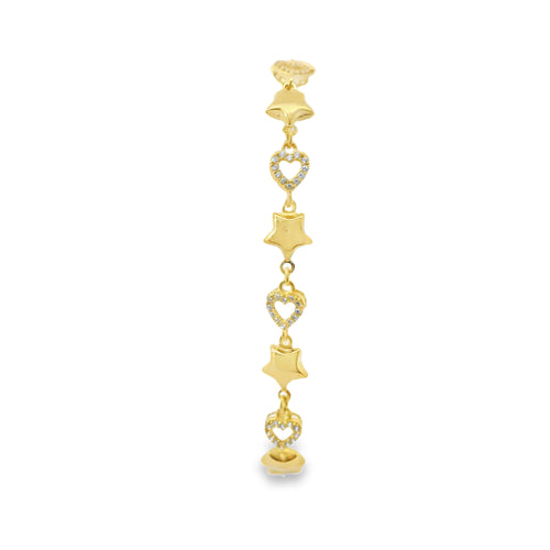 14KT Gold Bracelet Women's Alternating White CZ Stones Open Hearts and Plain Puff Stars and White CZ Stone End Cuban Link Lobster Clasp Band