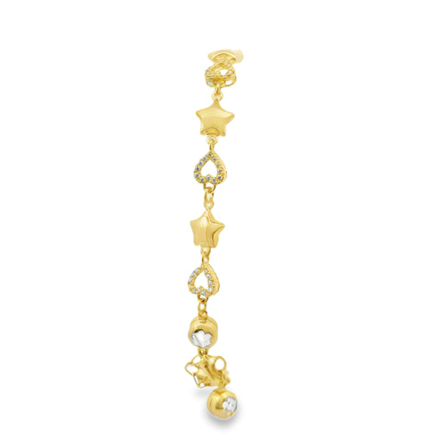 14KT Gold Bracelet Women's Alternating White CZ Stones Open Hearts and Plain Puff Stars and White CZ Stone End Cuban Link Lobster Clasp Band