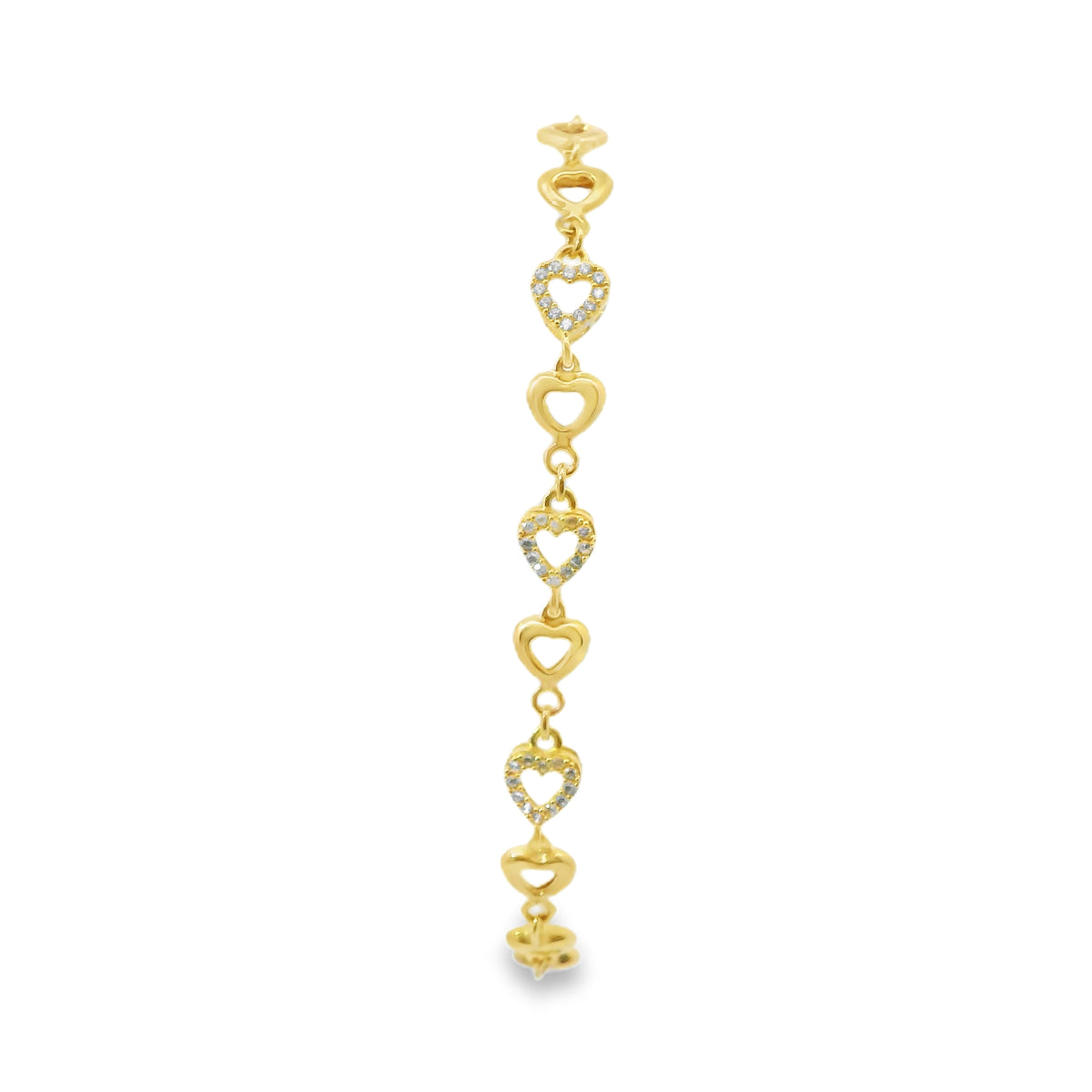 14KT Gold Bracelet Women's Alternating White CZ Stones Open Hearts and Plain Open Hearts and White CZ Stone End Cuban Link Lobster Clasp Band