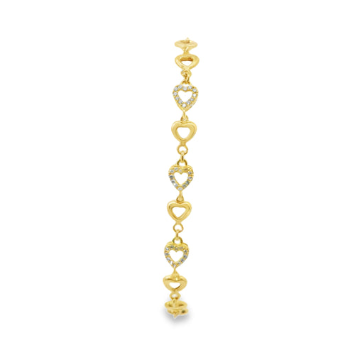 14KT Gold Bracelet Women's Alternating White CZ Stones Open Hearts and Plain Open Hearts and White CZ Stone End Cuban Link Lobster Clasp Band
