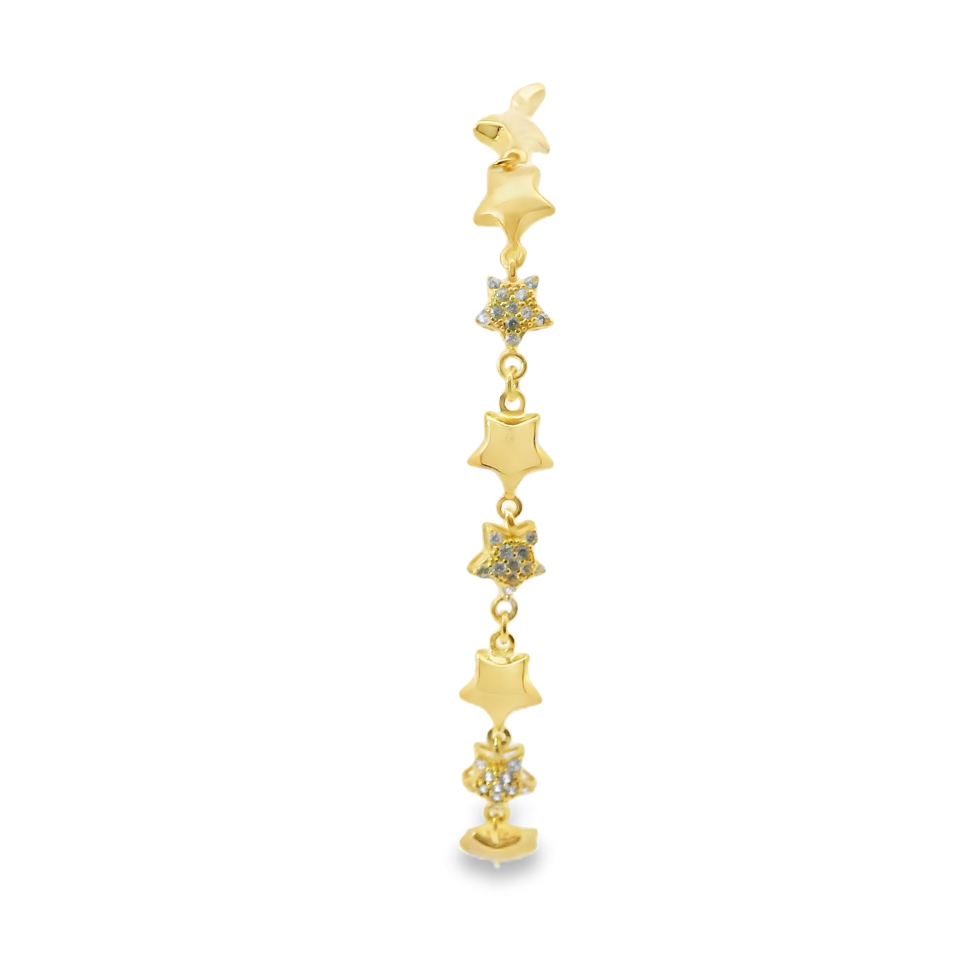 14KT Gold Bracelet Women's Alternating White CZ Stones Stars and Plain Stars and White CZ Stone End Cuban Link Lobster Clasp Band